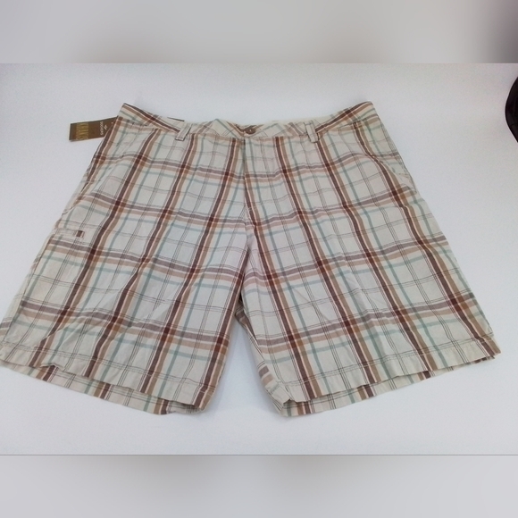 Nwt DOCKERS Washed Khaki Men's Y2K Plaid Cream, Browns, And Teal Shorts - SZ 44 - Picture 3 of 4